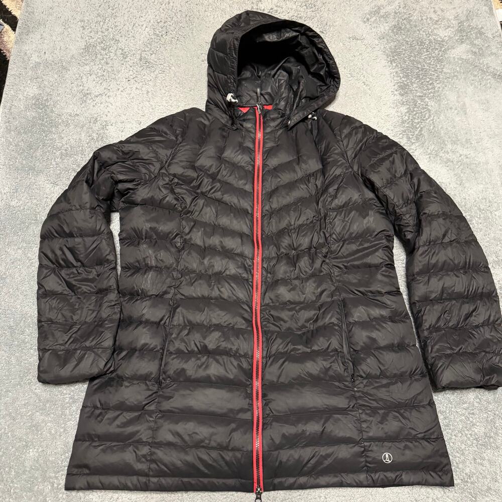 Lands End Down Puffer Jacket Womens XL 18 Black Long Hooded Coat ***flaw